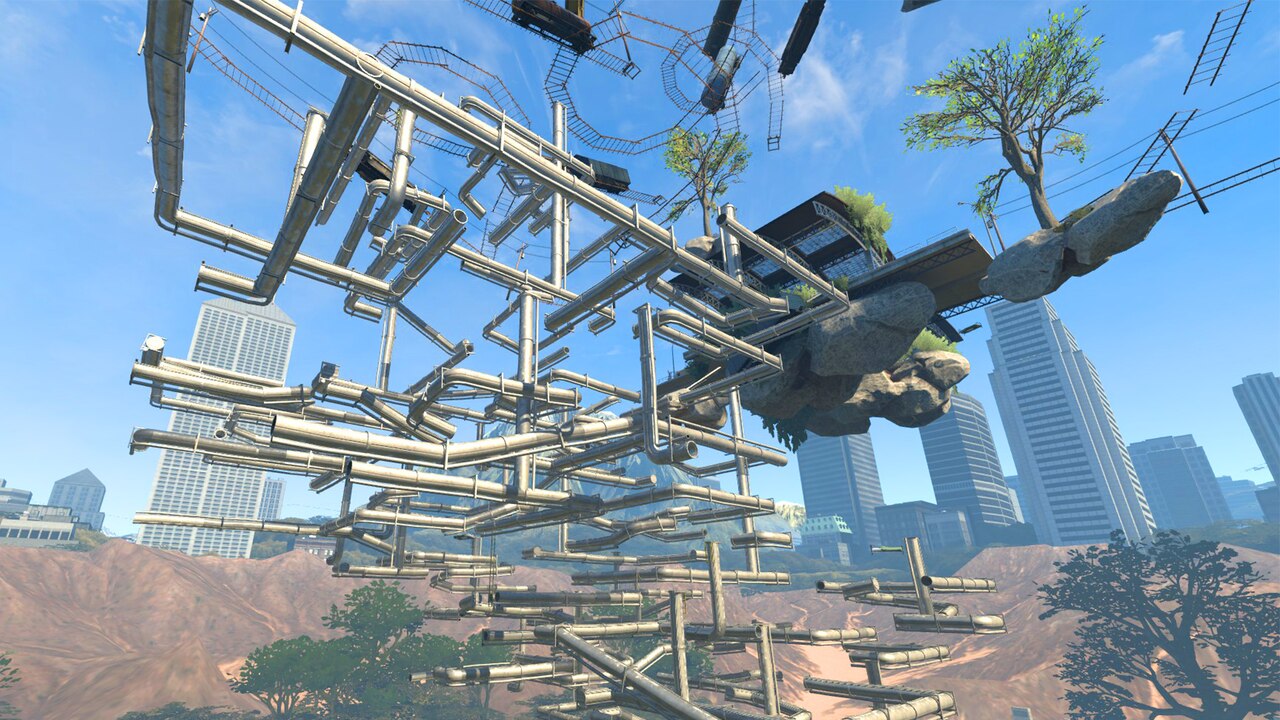 Only Up's floating pipes and platforms climbing above a city